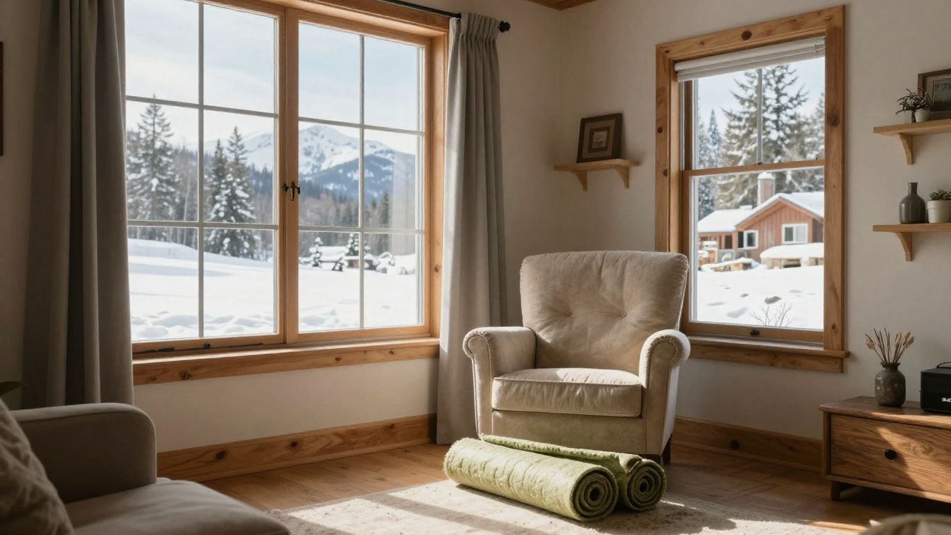 Cozy living room with natural materials and snowy view.