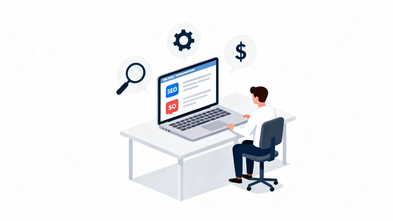 Small business owner comparing SEO options on laptop