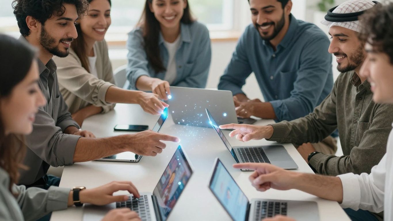 Oameni interacționând cu tehnologia digitală într-un mod pozitiv.