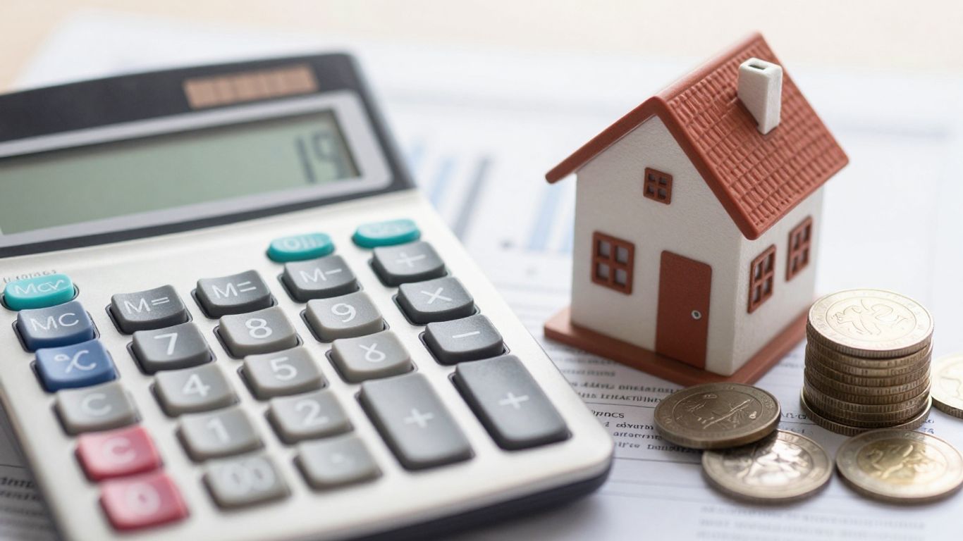 Calculator with house and coins for mortgage payment.