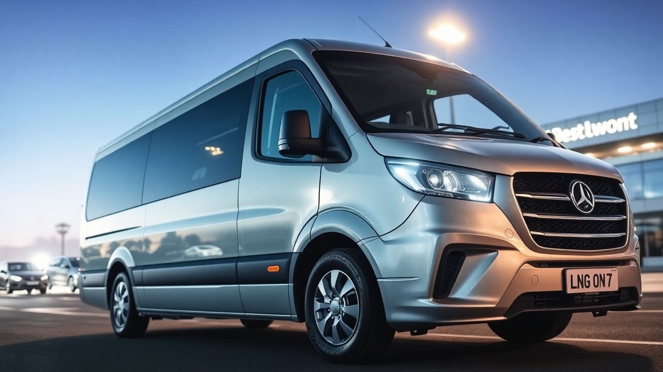 Minibus outside Heathrow Airport with London skyline.