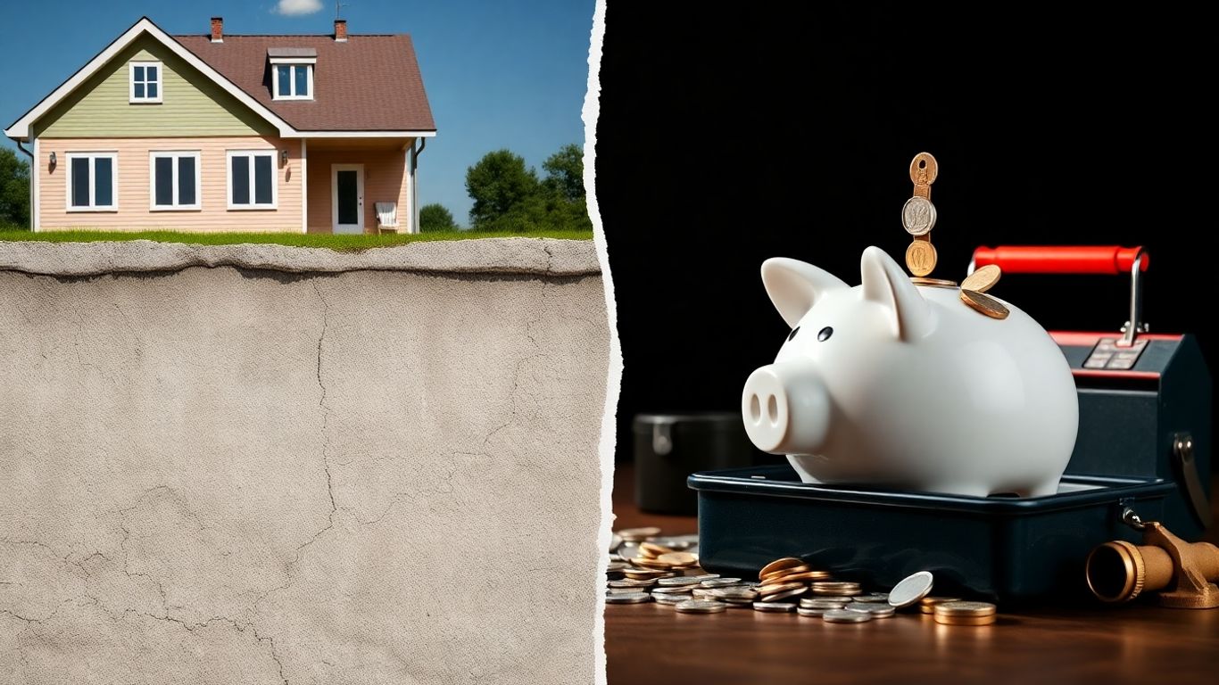 Cracked foundation next to a piggy bank and tools.