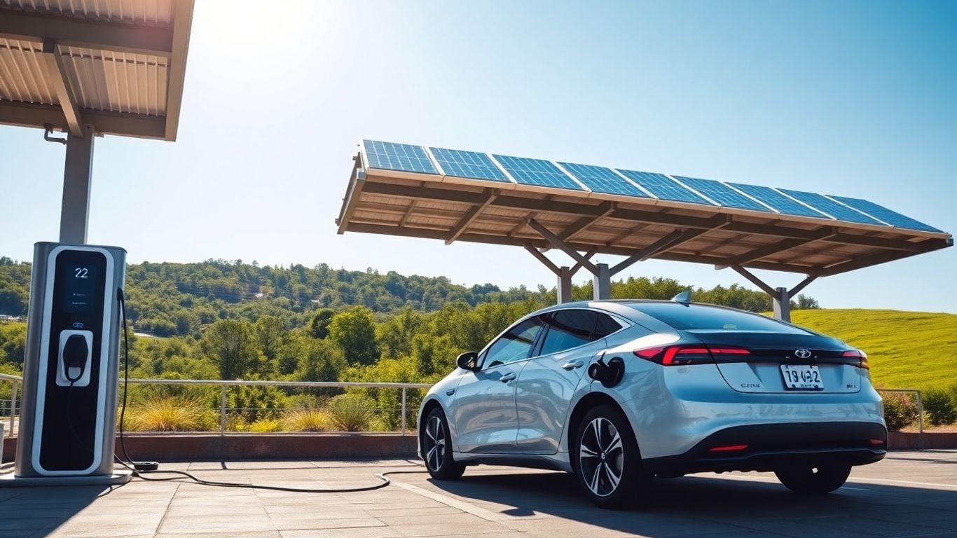 Coche eléctrico conectado a una estación solar bajo el sol