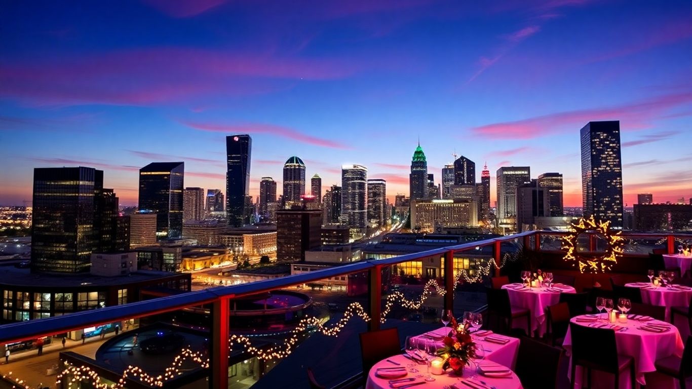 Dallas skyline at a holiday party venue.