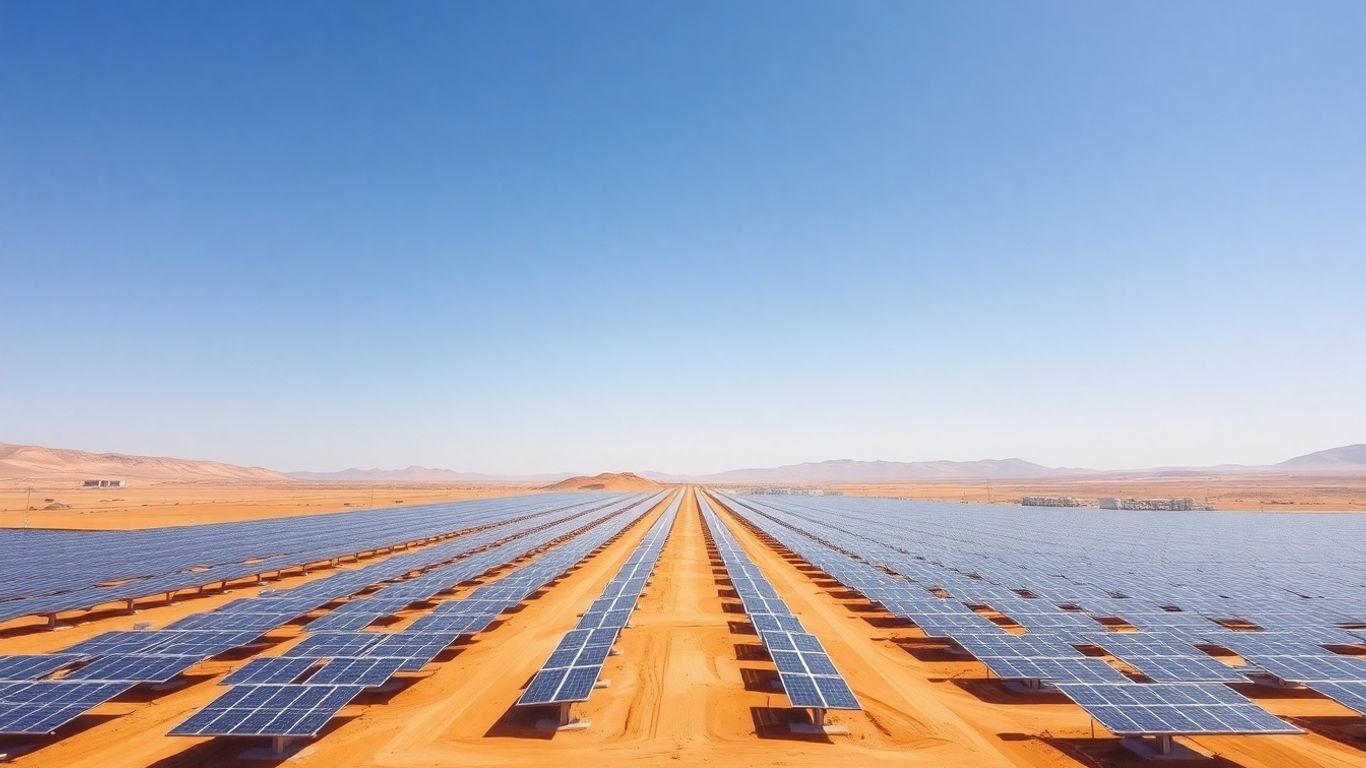 Centrale solaire avec batteries dans le désert des Émirats arabes unis.