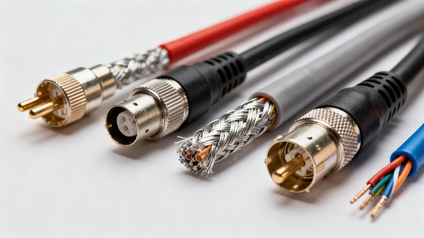 Various types of coaxial cables with connectors.