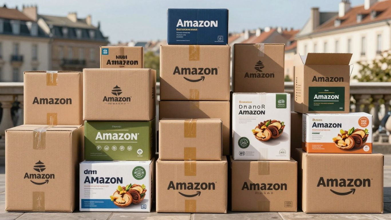 Amazon product boxes with European cityscape background.