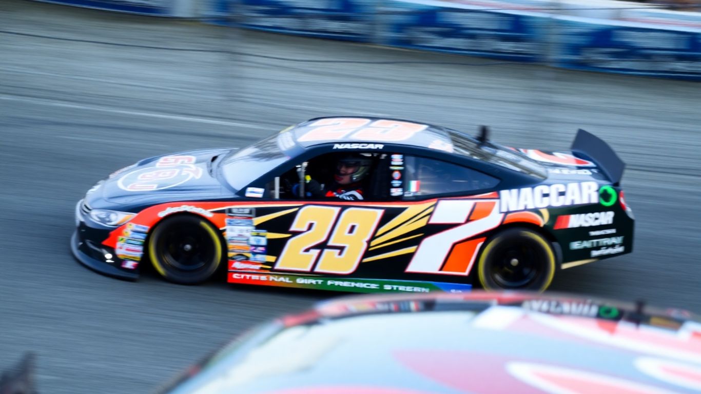 NASCAR driver speeding on a race track.