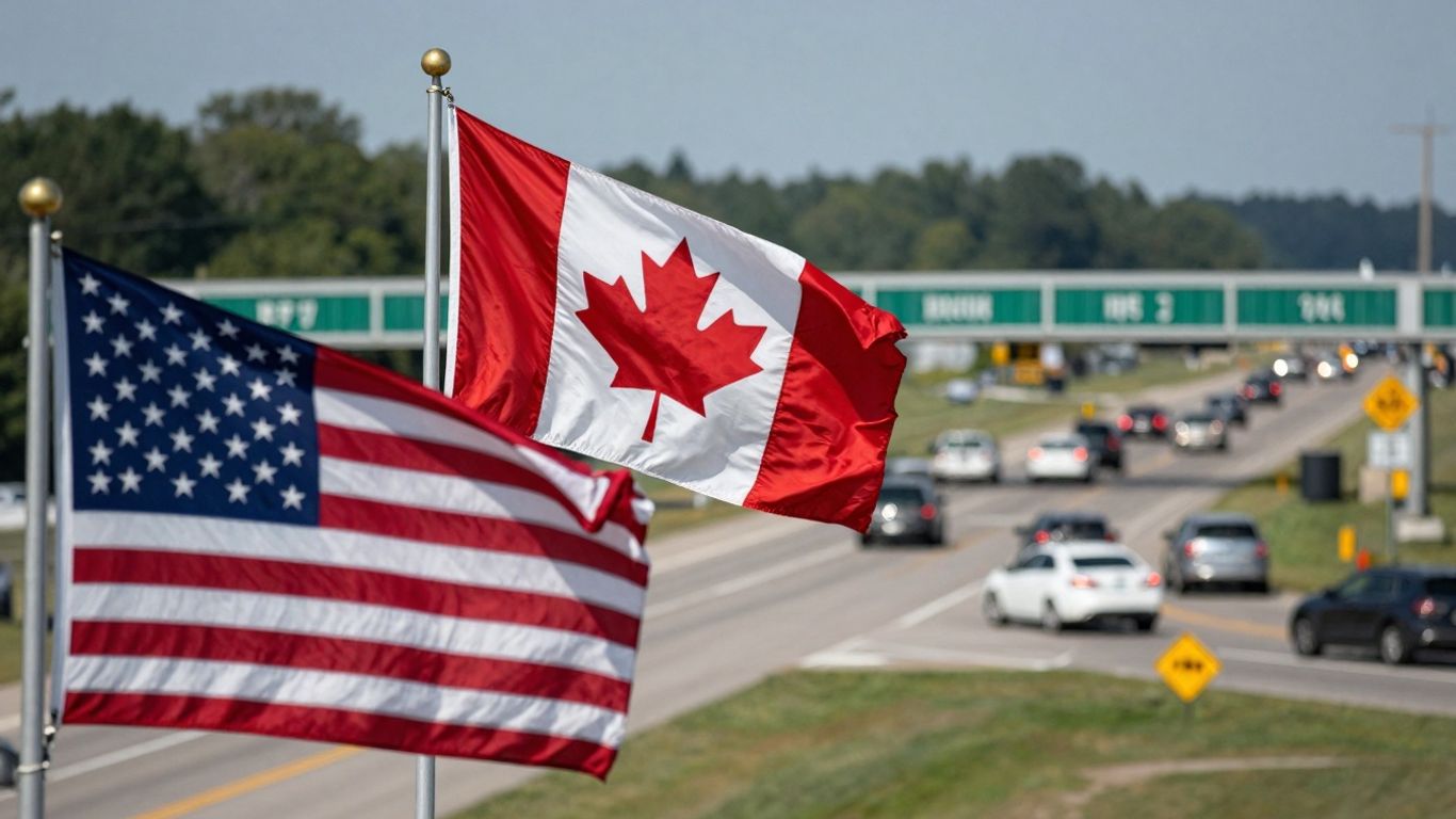 Canadian and US flags at a border crossing.