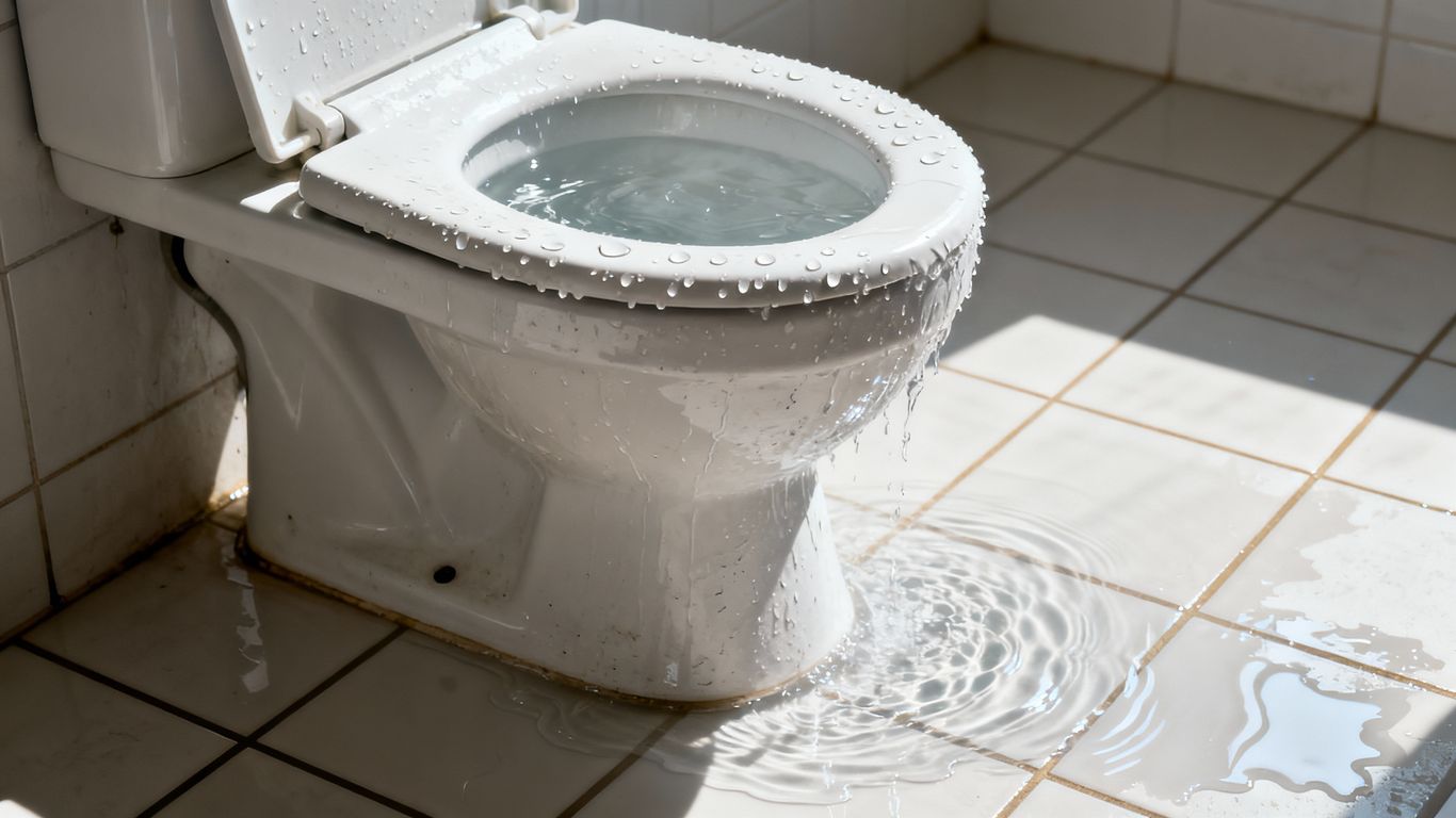 Overflowing toilet with water on the floor.