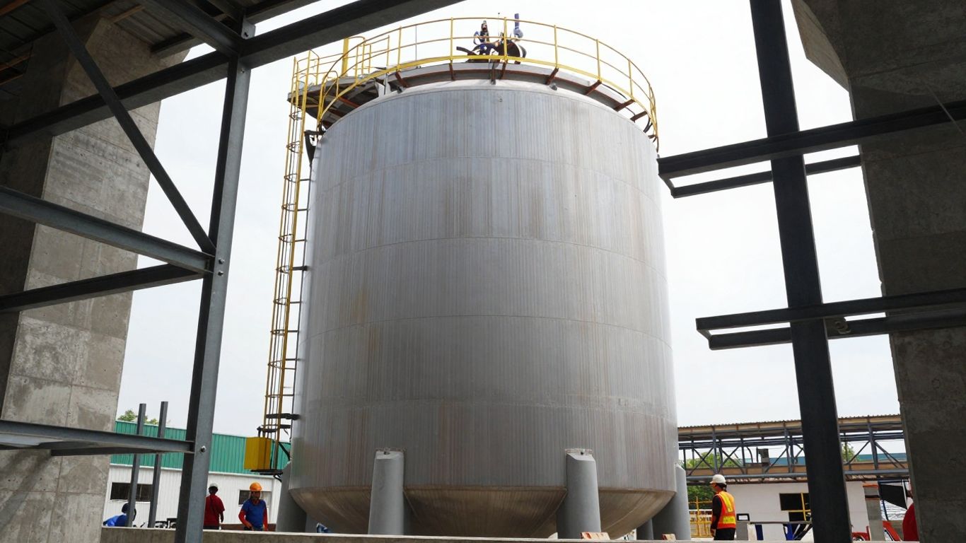 Construction of a large digester tank.