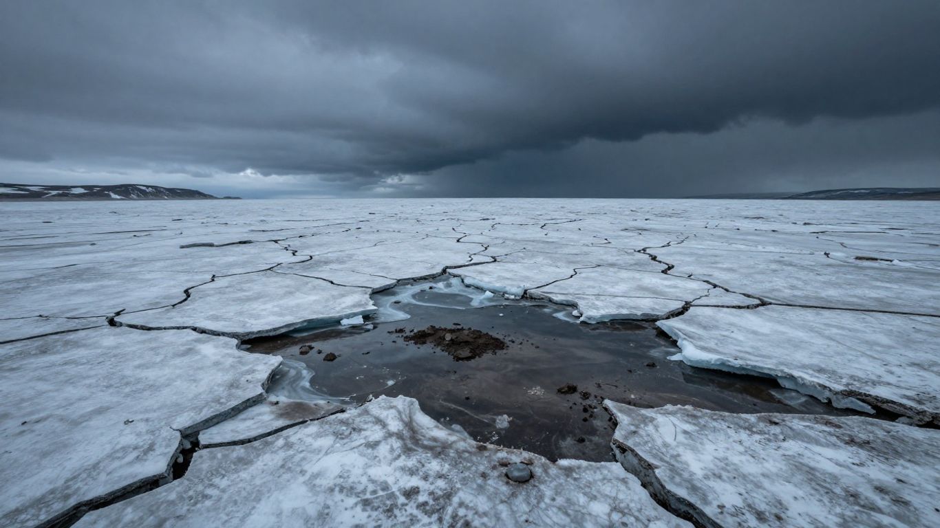 Paysage arctique désolé avec sol craquelé et ciel menaçant.