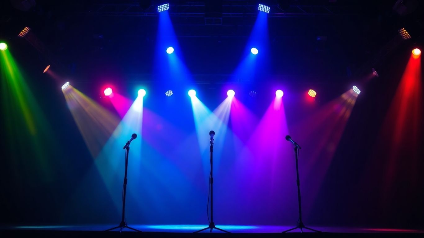 Stage with microphones and colourful lights.