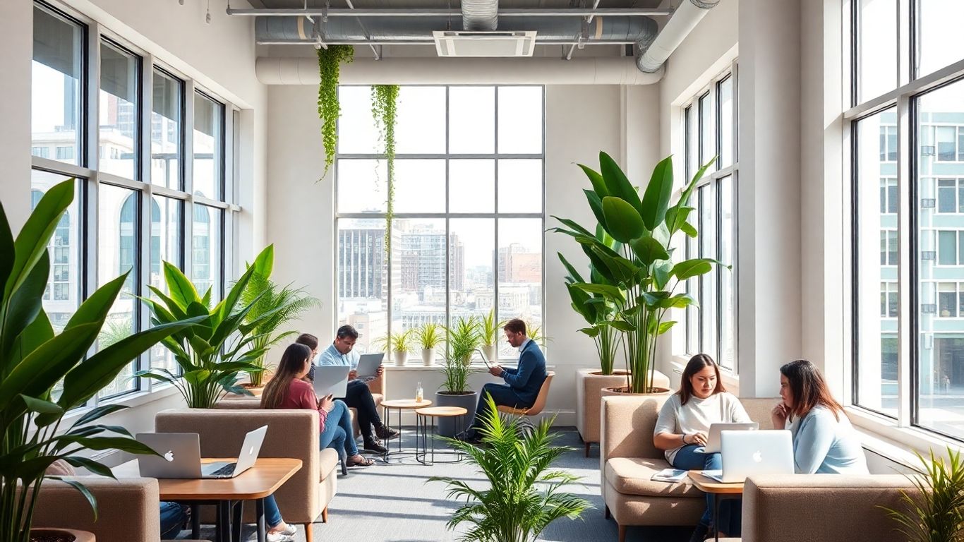 Coworking space with people working on laptops.