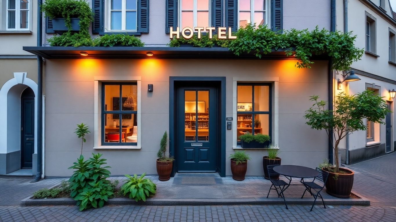 Modernes Hotel in Trier bei Abenddämmerung mit gemütlicher Atmosphäre.