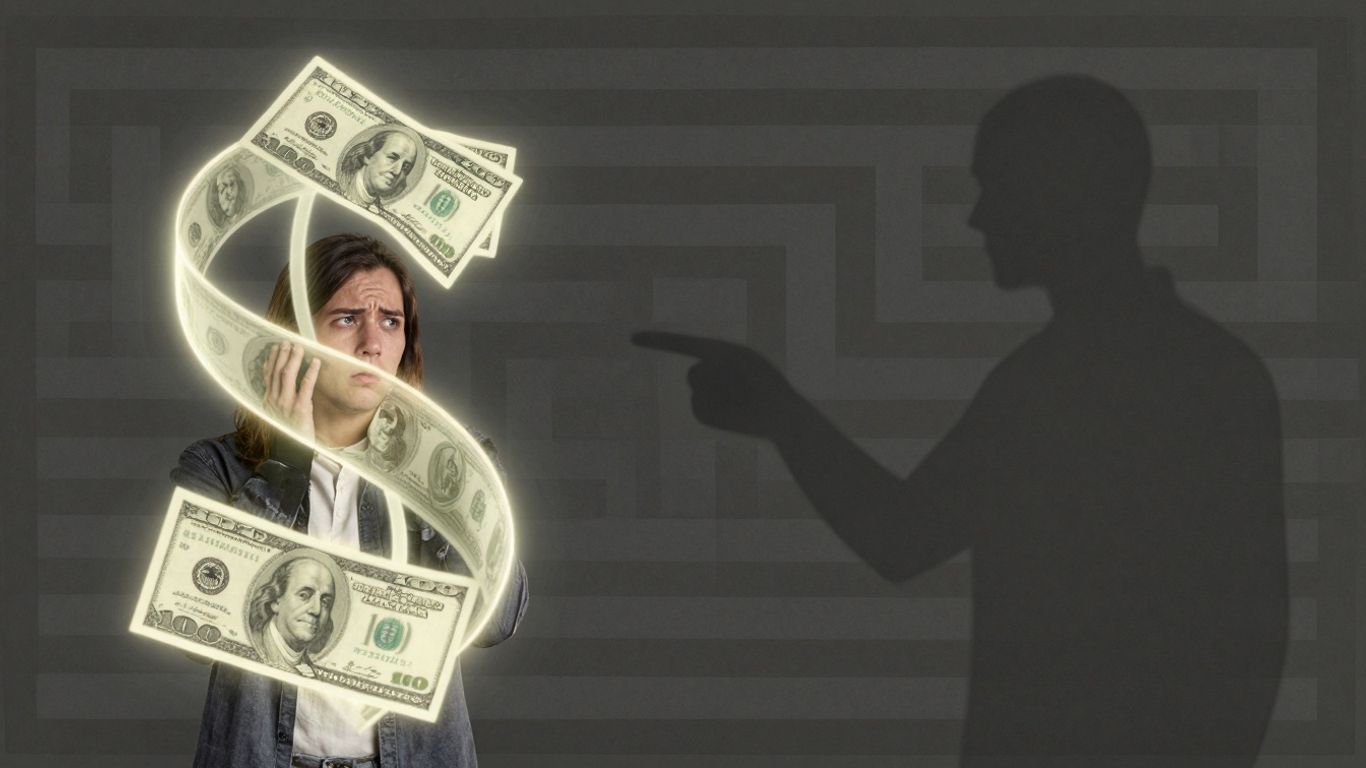 Confused person and shadowy figure near glowing money.