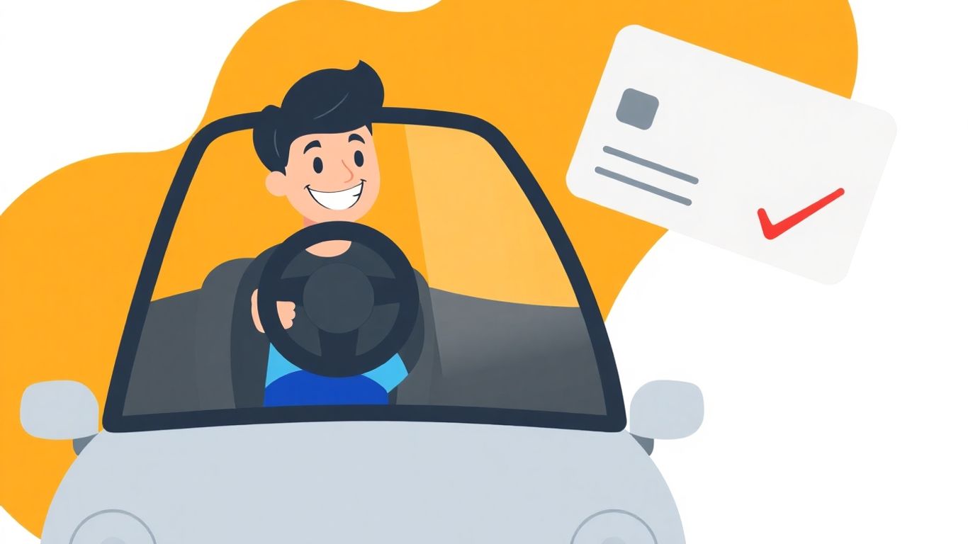 Cartoon car and credit card with approval checkmark.