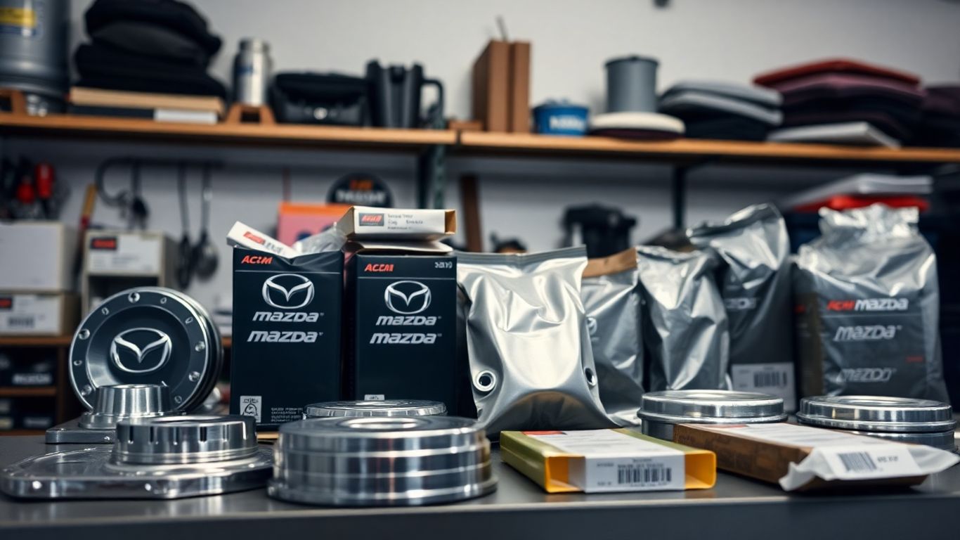 OEM Mazda spare parts laid out for vehicle maintenance.