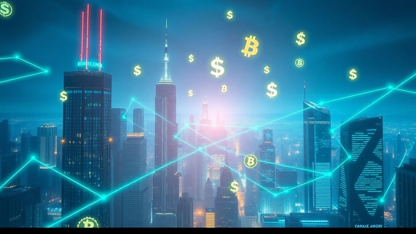 Futuristic cityscape with blockchain network and digital currency symbols.