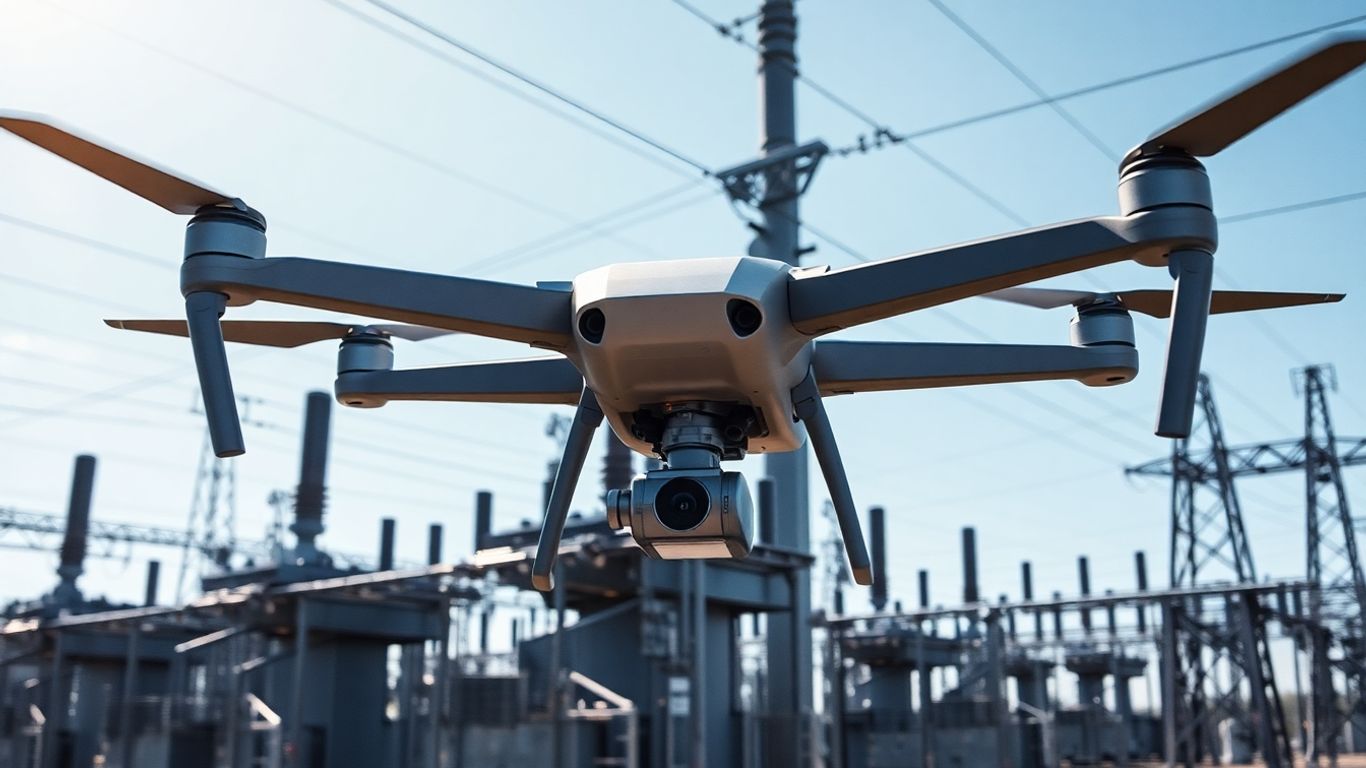Drone inspecting utility substation power equipment.