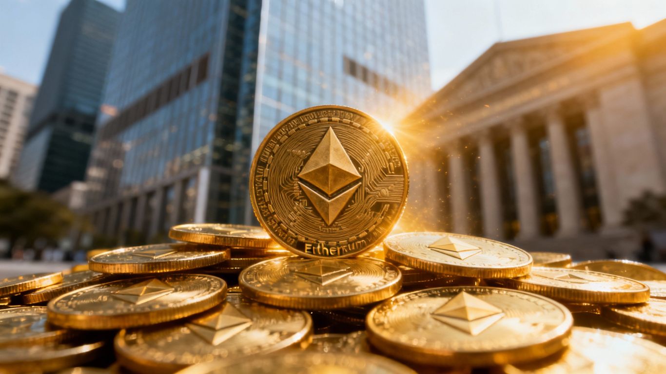 Ethereum coins and financial district skyline.