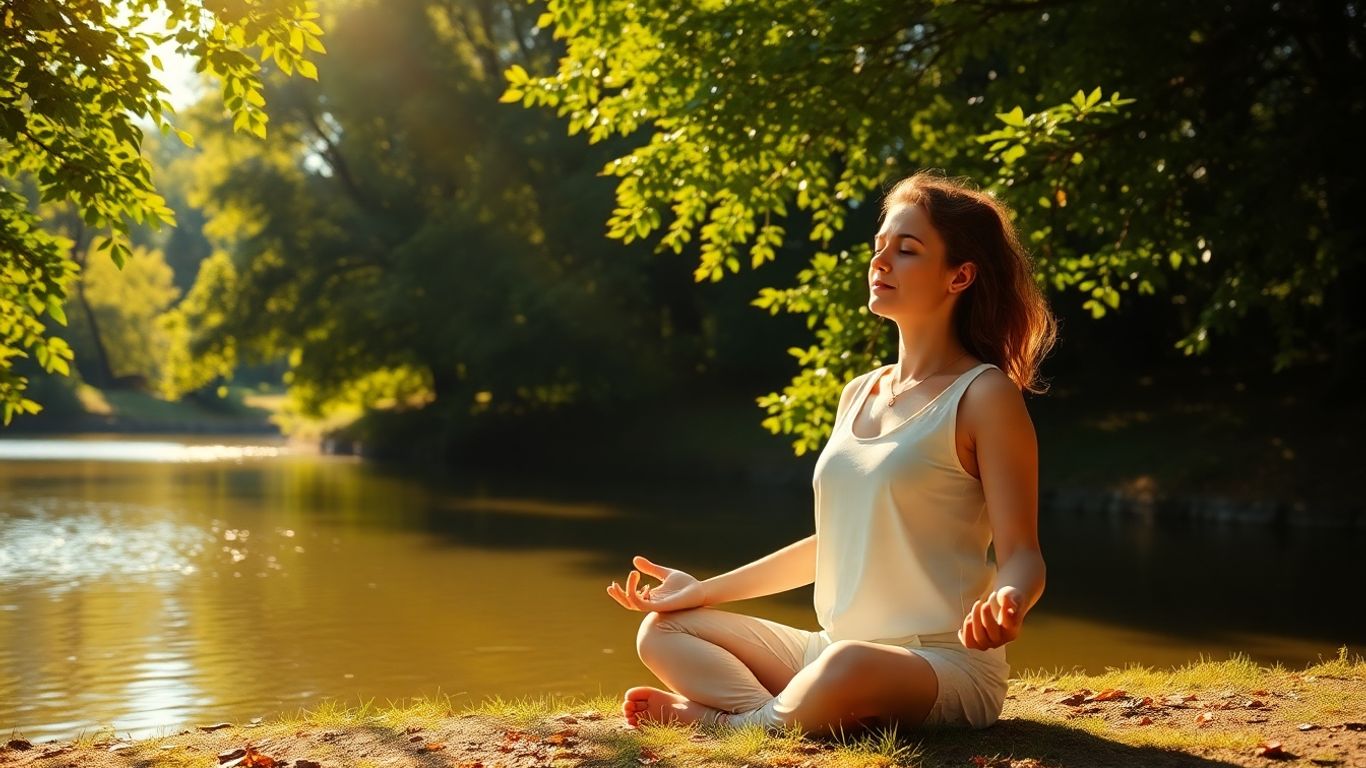 Person meditating peacefully outdoors in sunlight.