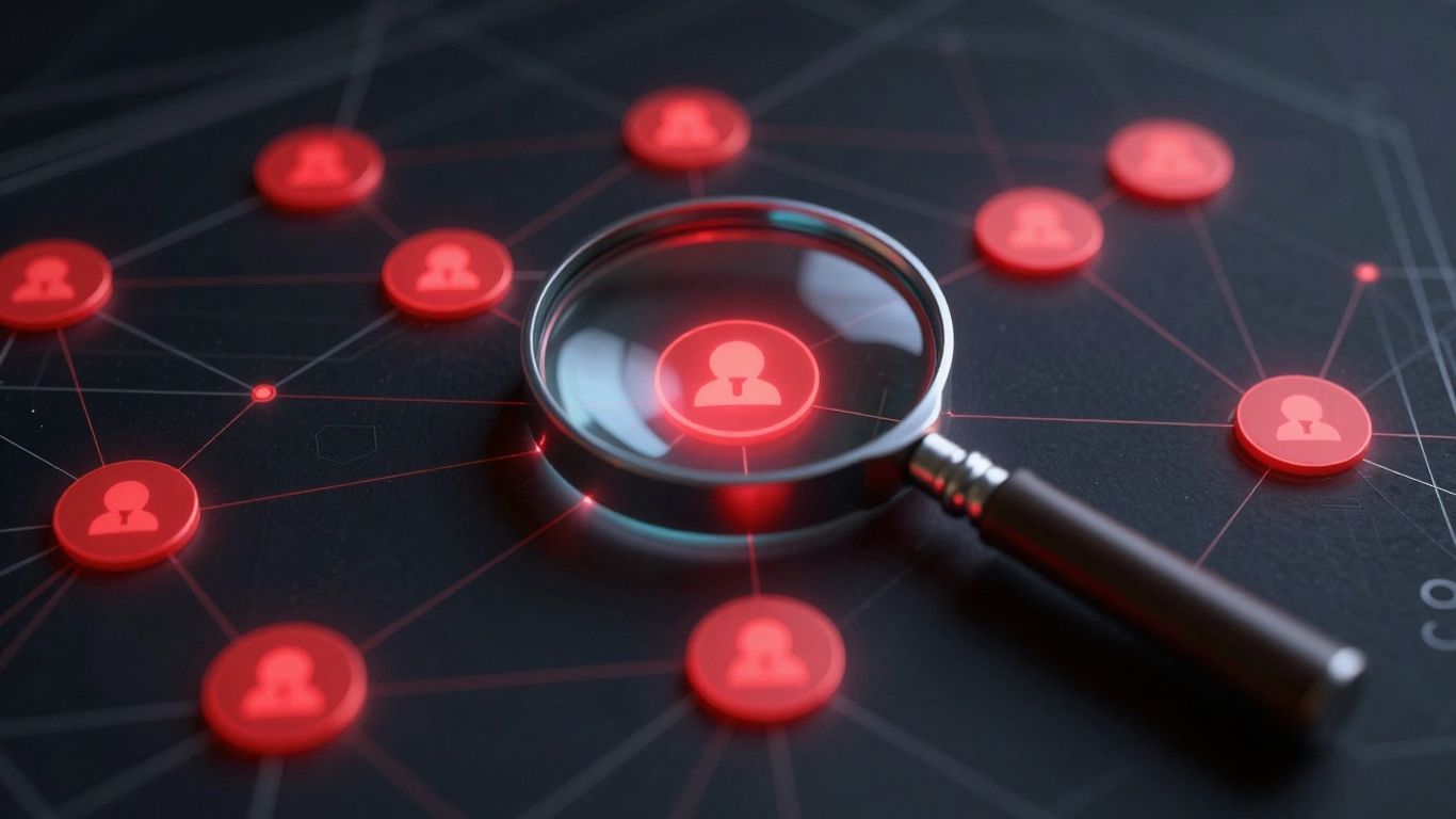 Network blueprint with threat icons and magnifying glass.