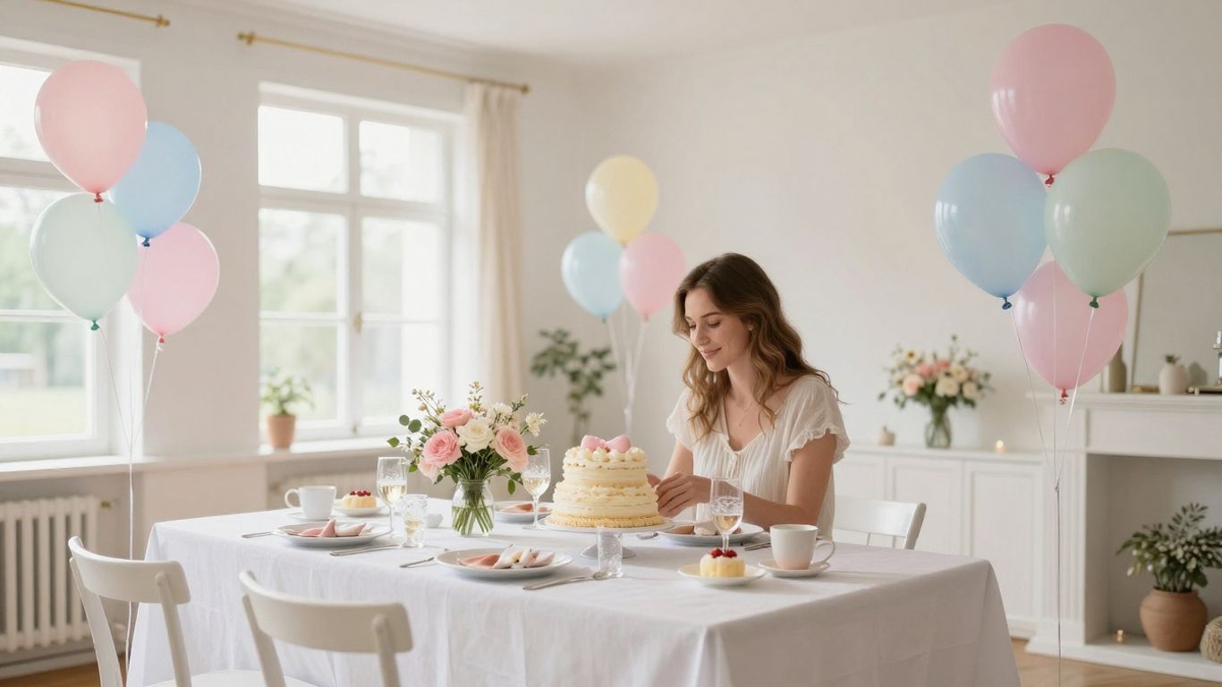 Elegant baby shower venue in Dallas with balloons and cake.