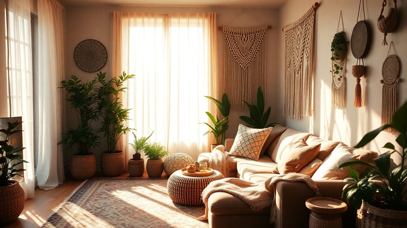 Boho living room with plants and warm lighting.