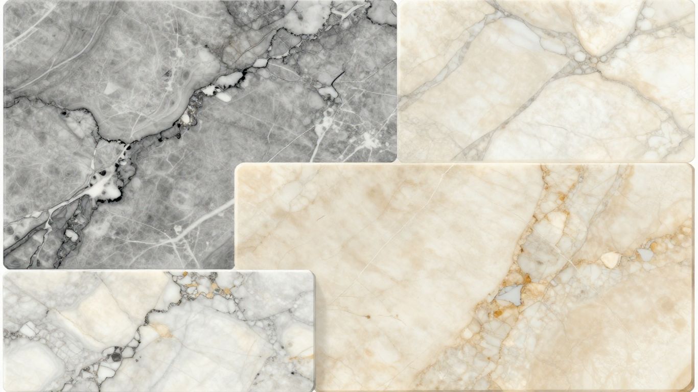 Various polished marble slabs with intricate veining.