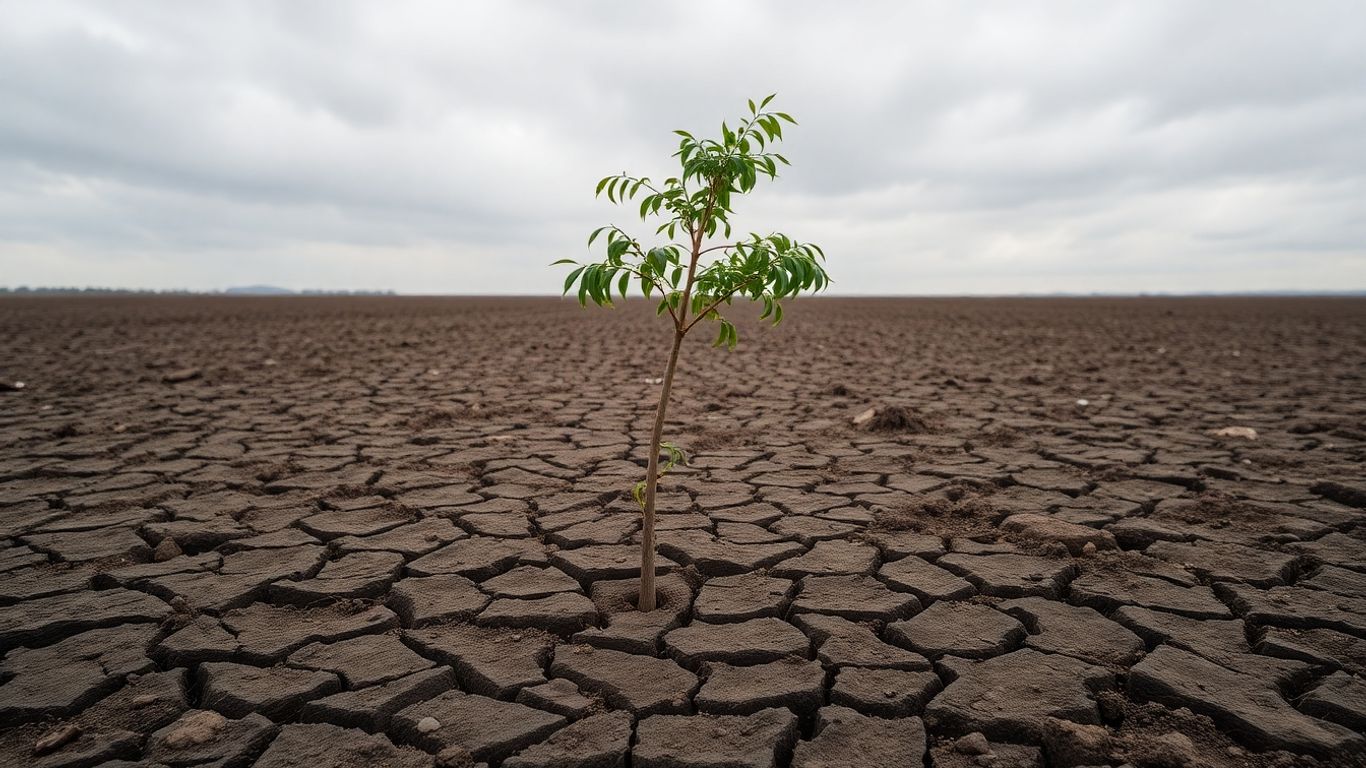 Terre craquelée sous un ciel gris, un jeune arbre mourant.