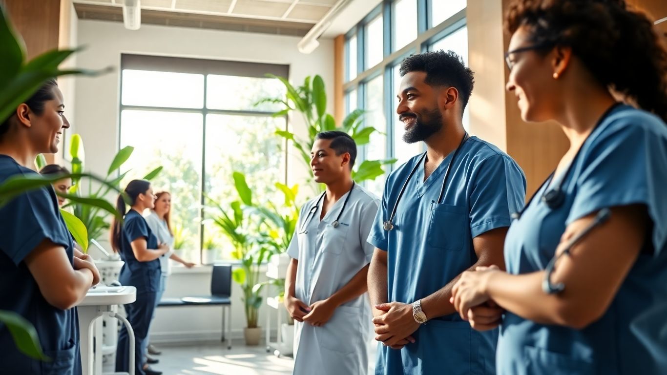 Profesioniști în sănătate colaborând într-o clinică modernă.