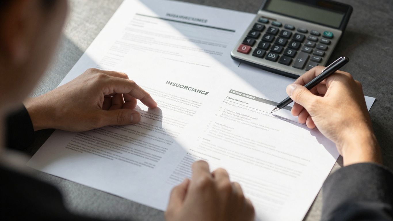 Person reviewing insurance policies and calculator.