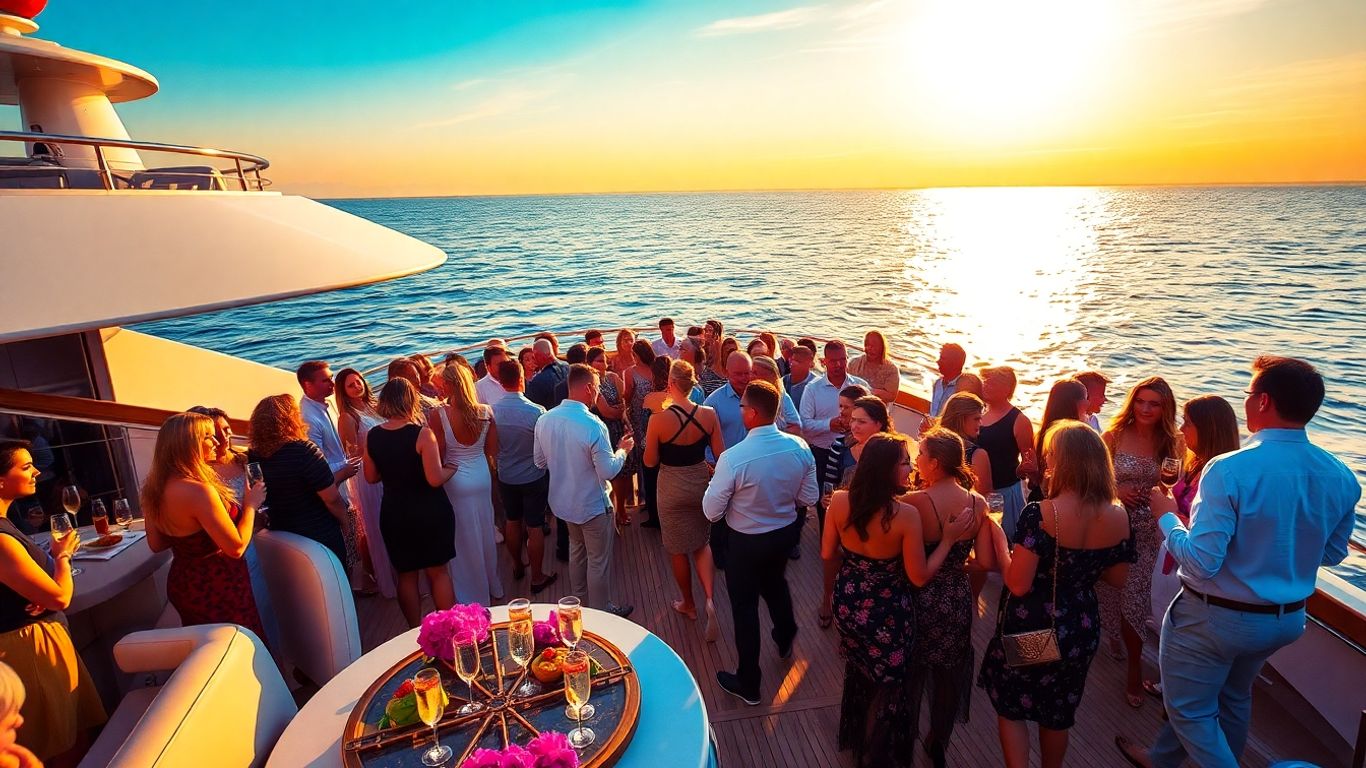Luxury yacht party celebration at sunset