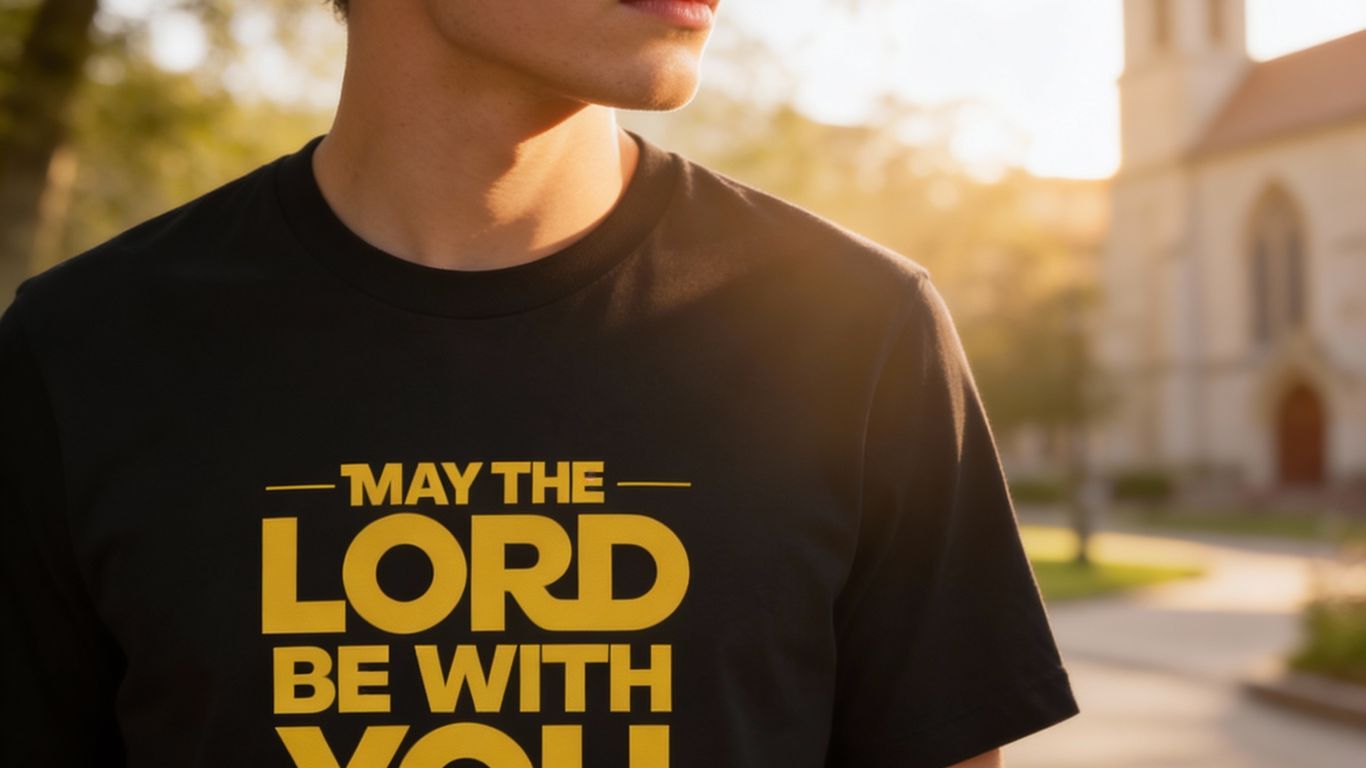 Black t-shirt with yellow text saying 