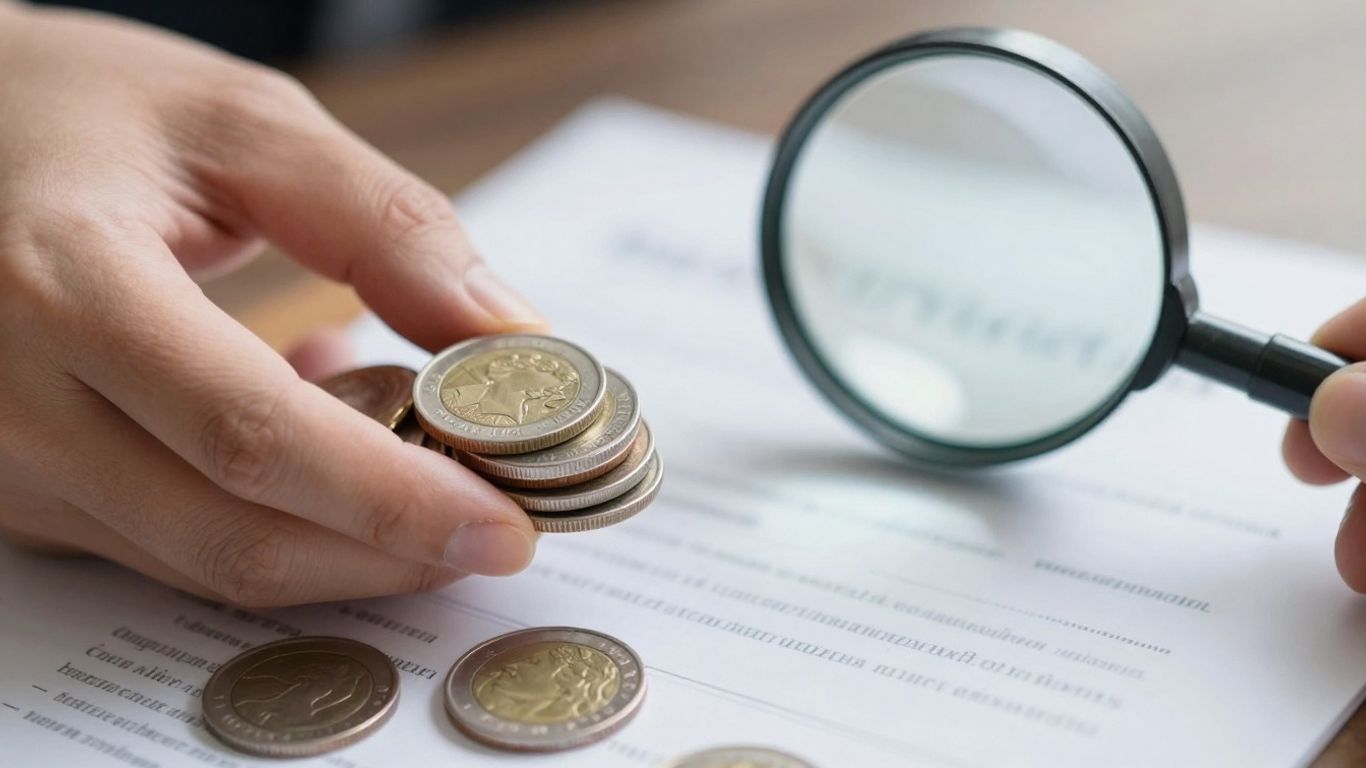 Magnifying glass over coins and insurance policy document.