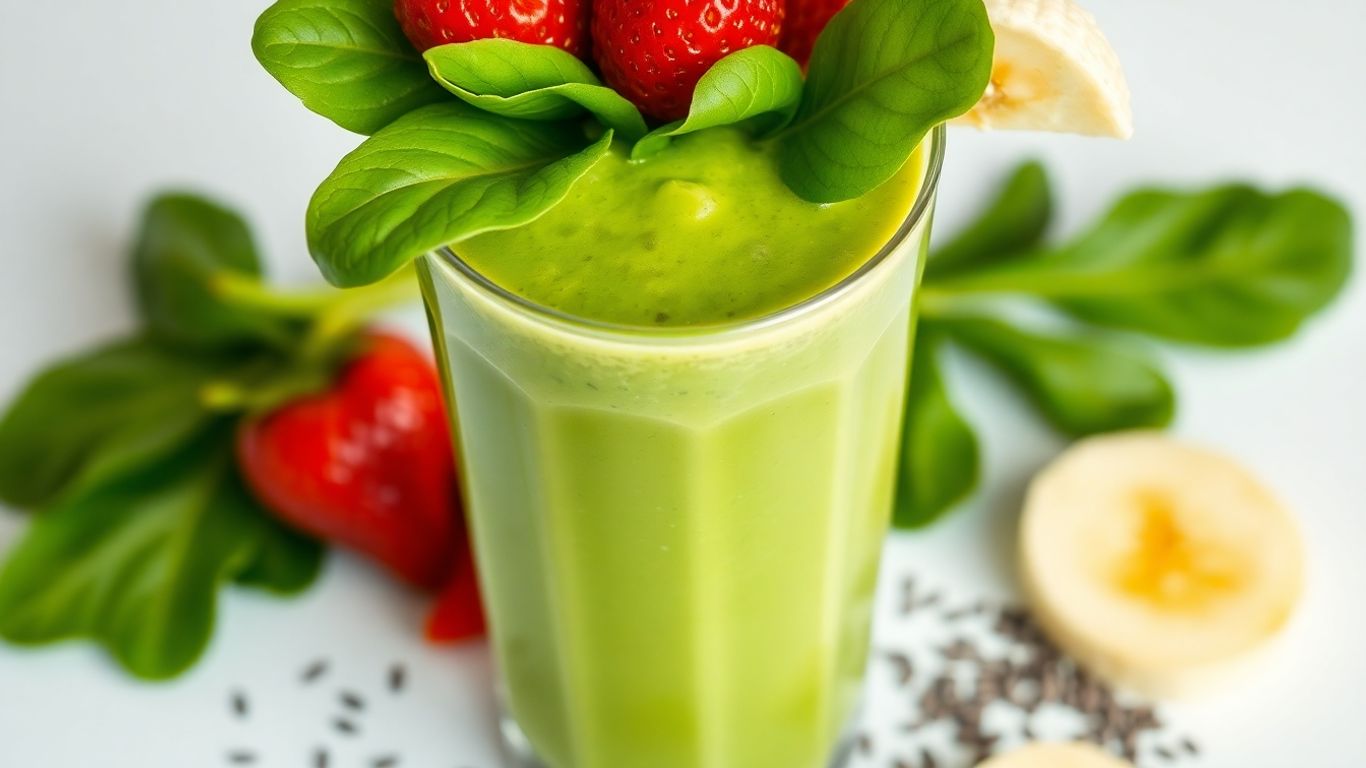 Healthy green smoothie with strawberries and banana.