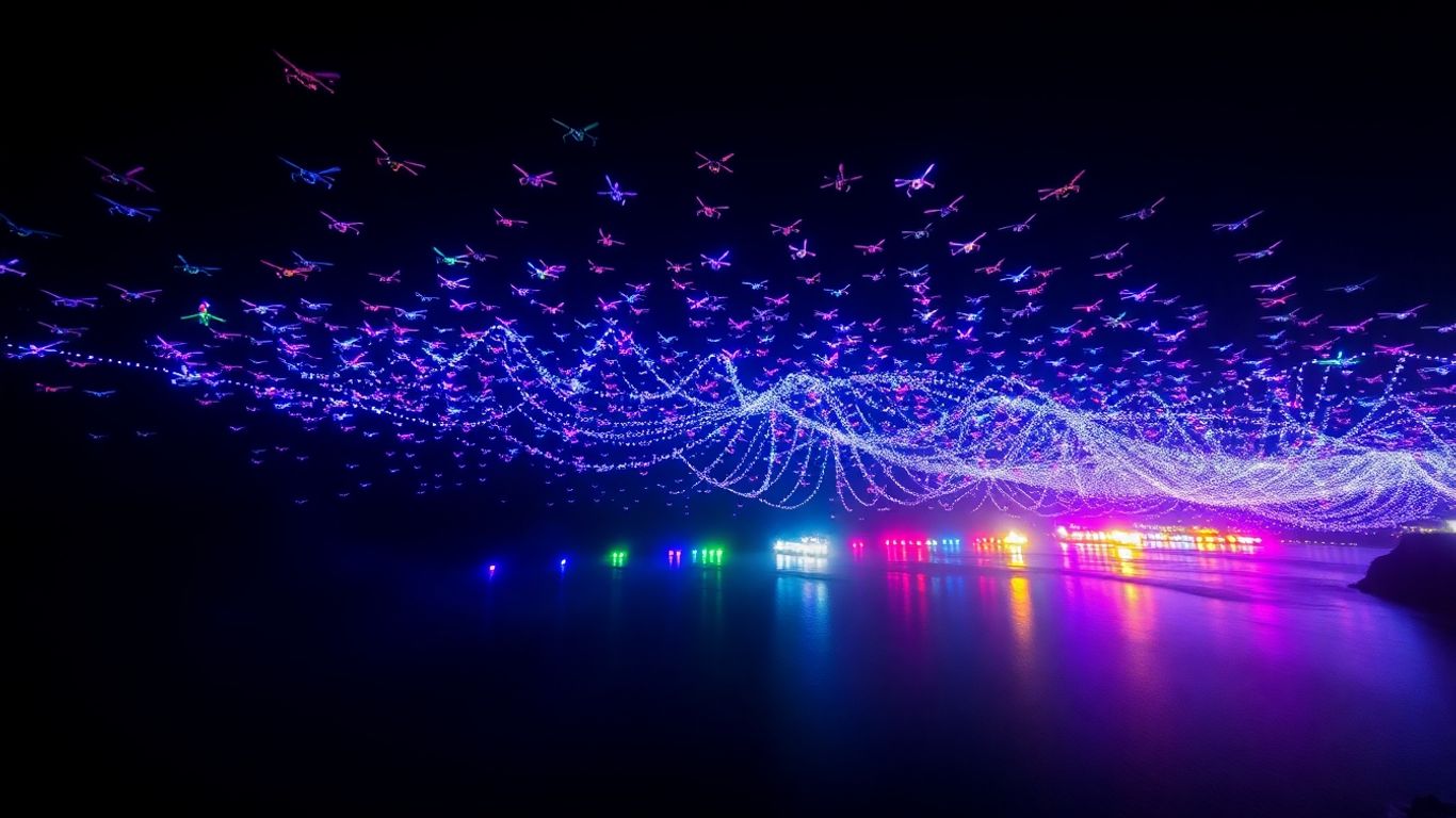 Drone light show over Bali at night