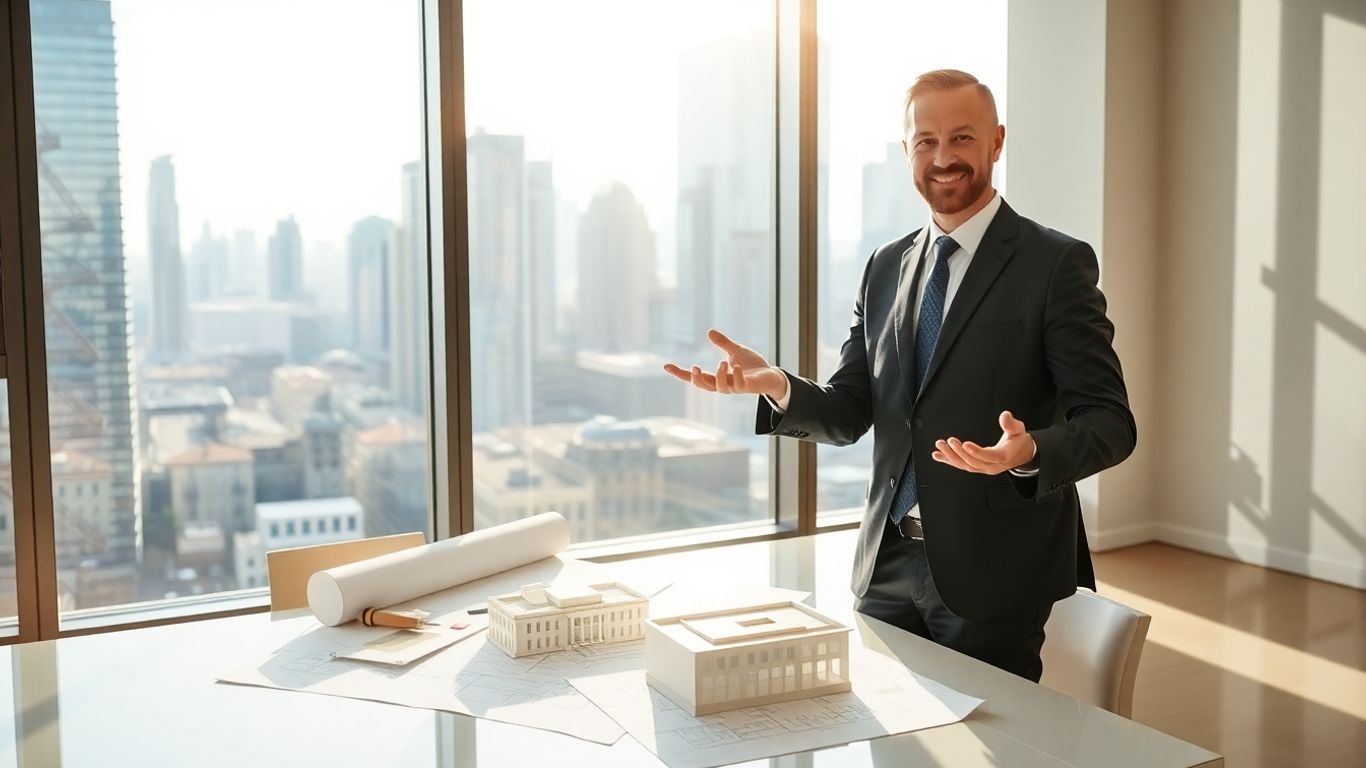 Real estate broker in office with cityscape view.