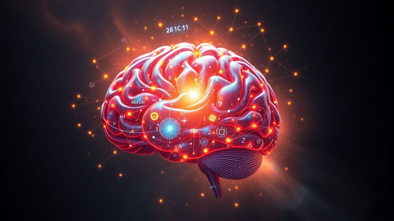 Futuristic brain with glowing neural pathways and math symbols.
