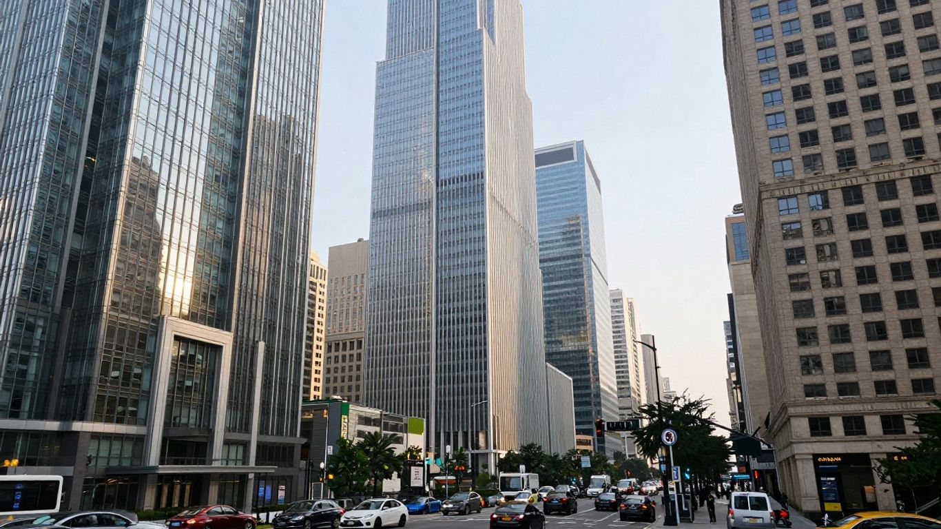 Oraș vibrant cu clădiri moderne și străzi aglomerate.