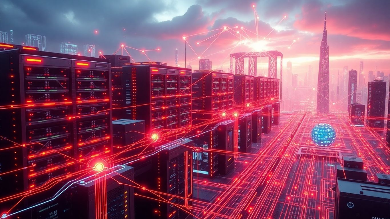 Futuristic cityscape with data streams and interconnected nodes.