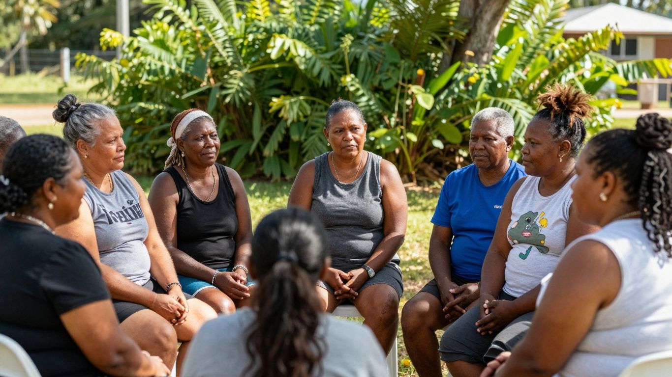 Indigenous Australians discussing health in a community setting.