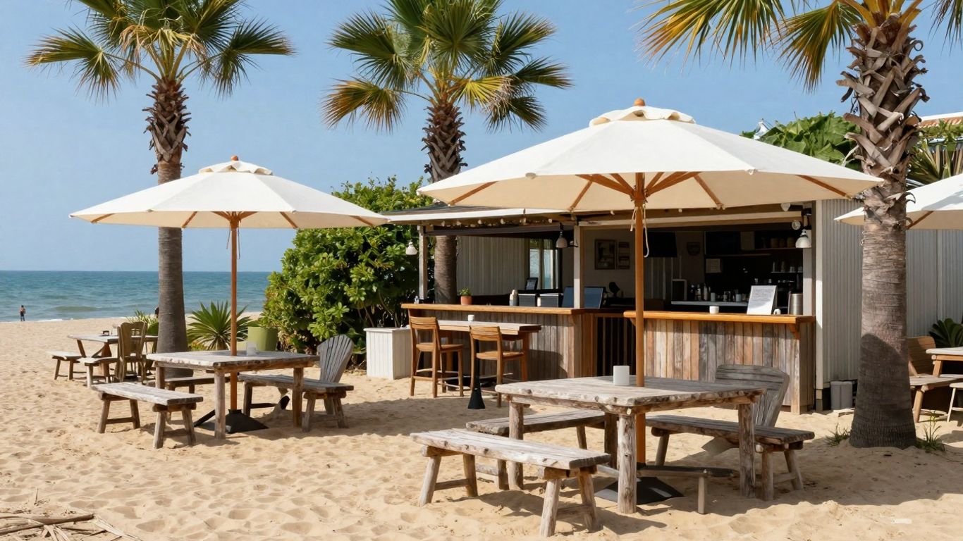 Strandtent De Oase in Domburg met meubels op zand.