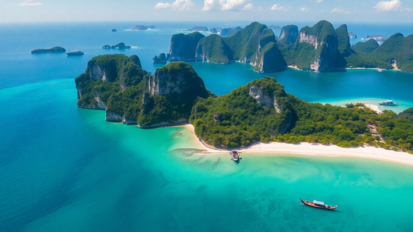 Aerial of Krabi cliffs, turquoise sea, boats, and islands.