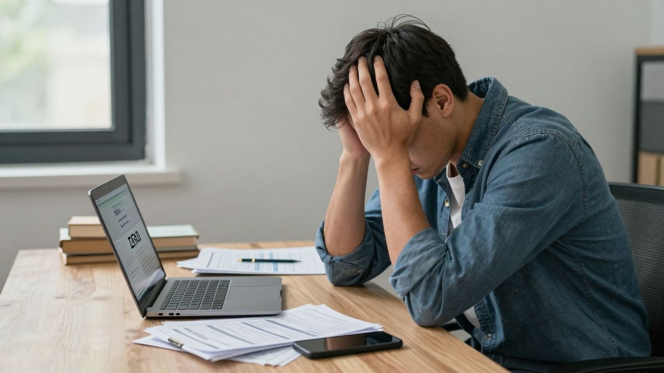 Antreprenor stresat cu facturi și laptop gol.