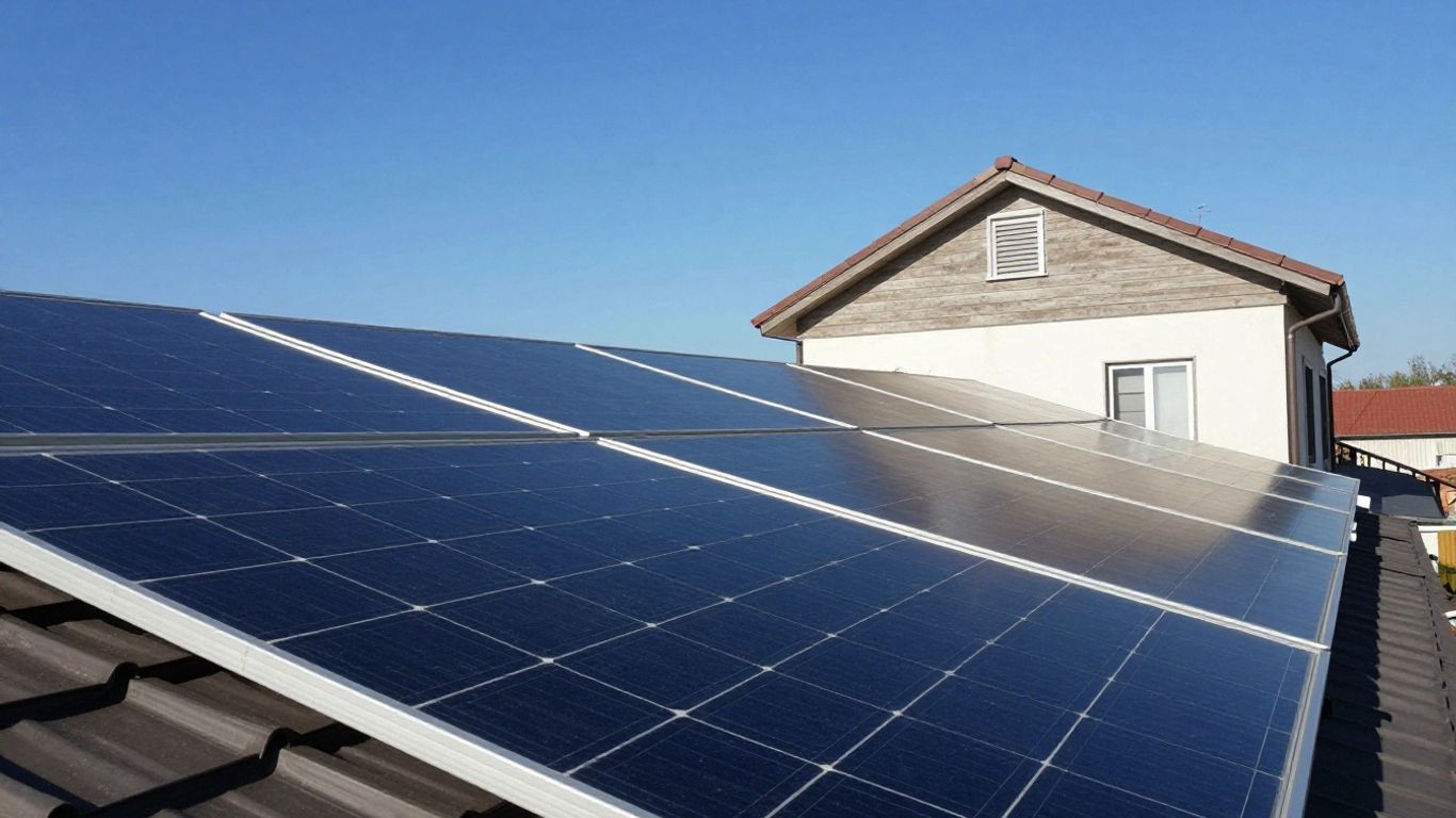 Pannelli solari su un tetto soleggiato.