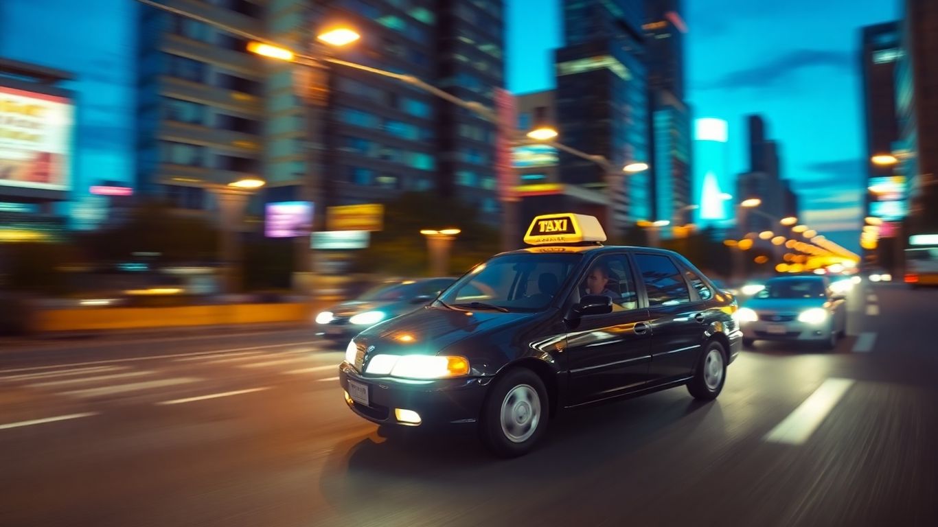 Taxi speeding through a city at dusk.