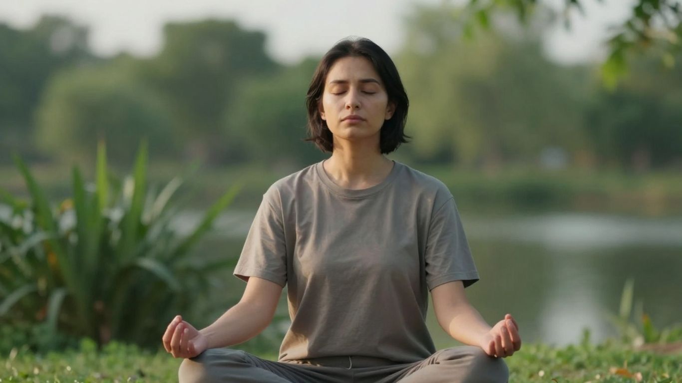 Femeie meditând în natură, liniște și claritate mentală.