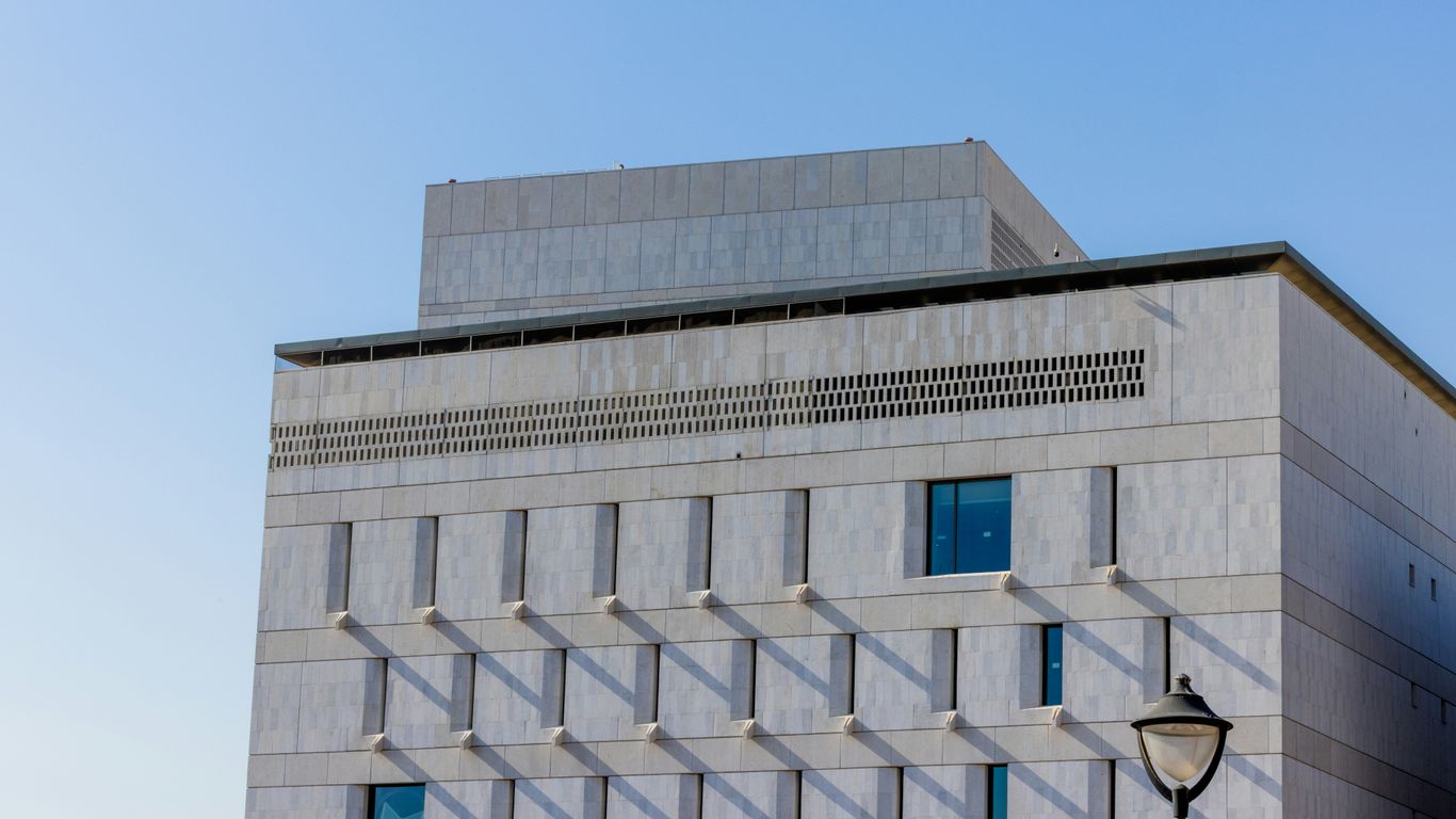 Modern building with a clean, square design.